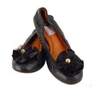 LANVIN SHOES BALLERINA FLATS TWO IN ONE STYLE BLACK LEATHER BOW OR FLOWER 38 7.5